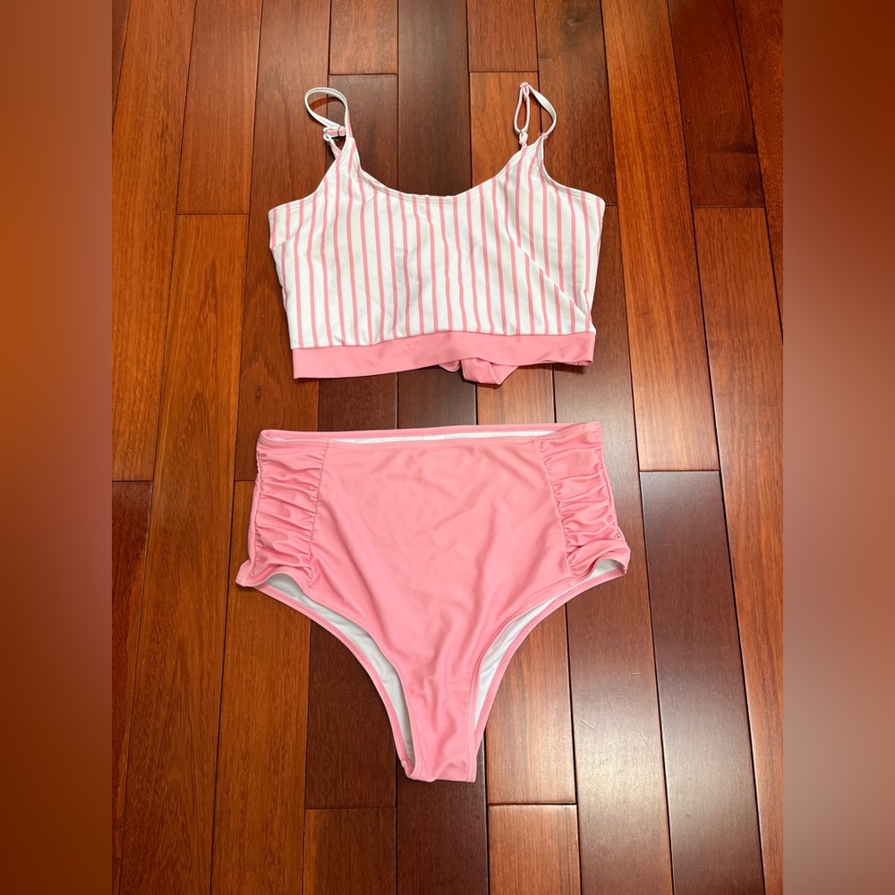 Pink and White Striped high waisted swimsuit Set size XL